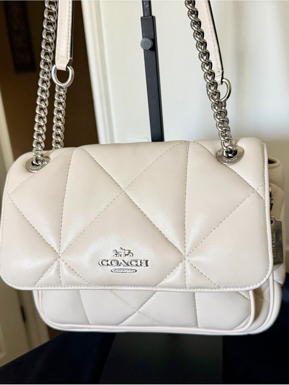 Coach Quilted Leather Crossbody Bag in Cream with Silver Chain